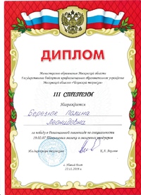 ДИПЛОМ 3 СТЕПЕНИ  БЕРЕЗЮК